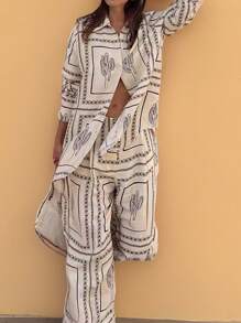 2pcs Set Elegant Long Sleeve Printed Shirt And Home Wear Set - White - View 1