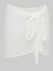 Women Beach Skirt, Cover-Up Skirt Hollowed Solid Summer Mini Knitted Skirt For Vacation SeasideCoachela Festival Swimsuits For Woman, Bathing Suits For Women, Trajes De Baño Mujer - 白色 - 查看 3