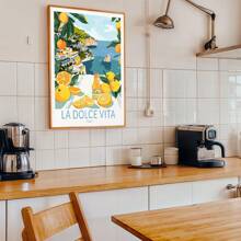 1 pièce, Peinture décorative encadrée, suspendue sur canevas, affiche, œuvre murale, Impression sur canevas de style italien "La Dolce Vita", affiche avec citron et paysage côtier, parfait pour le salon, la chambre, la décoration de bureau, cadeau idéal