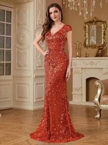 hezixi Đầm dạ hội sang trọng đính sequin lấp lánh, kiểu đuôi cá dài, đầm dự tiệc cưới, cocktail cao cấp, phù hợp cho khách mời dự đám cưới. - Màu Cam cháy - Xem 4