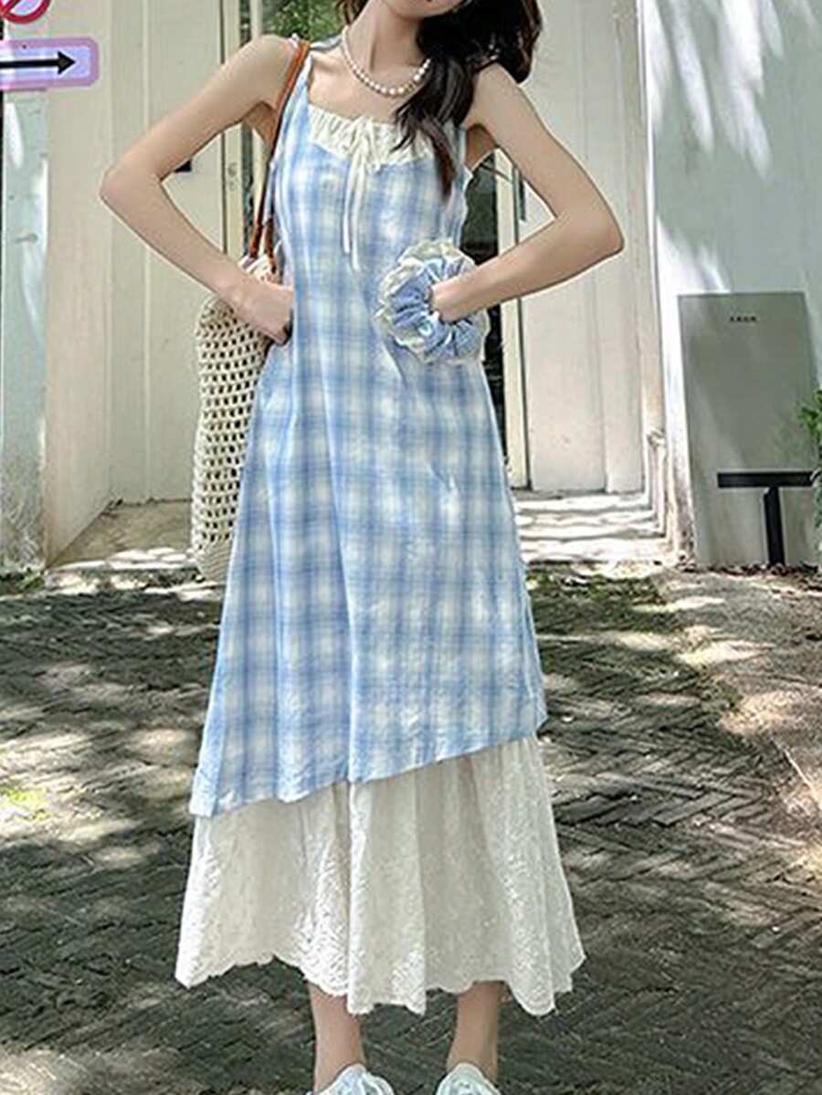 蓝色格子独特设计吊带裙，夏季女士二合一蕾丝拼接连衣裙 - 藍色 - 查看 1