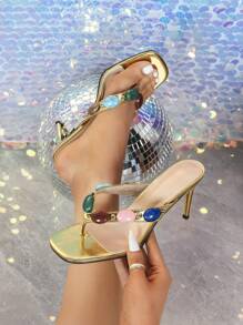 Women's Fashion Gold Square Toe High Heel Sandals, Embellished Rhinestone Slip-On Party/Formal Mule Heels - Gold - View 2