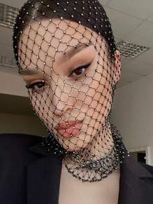 Fashion Accessories Rhinestone Stretch Mesh Hood Hood Bandana Holiday Carnival Flash Rhinestone Mask Woman - Black - View 3