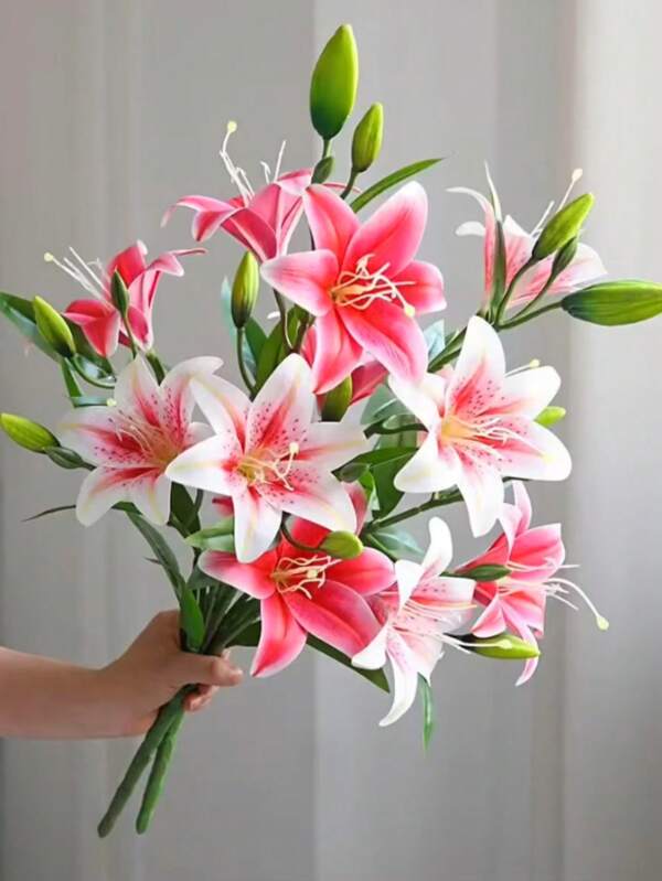 1 pieza, Flor de lirio artificial, flor de lirio artificial de múltiples cabezas, decoración para dormitorio, sala de estar, tocador, Pascua, fiesta de boda, cumpleaños, escenario de festival, props de fotografía, decoración del hogar, Día de la Madre, Día de San Valentín, regalo