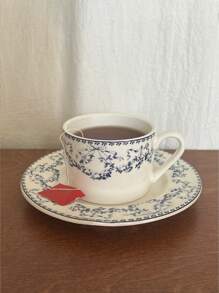 1pc French Vintage Ditsy Floral Lace Blue Ceramic Mug And Saucer Set, Everyday Home/Office Use Tea/Coffee Cup, Breakfast Oatmeal/Milk Bowl, Birthday/Holiday Gift