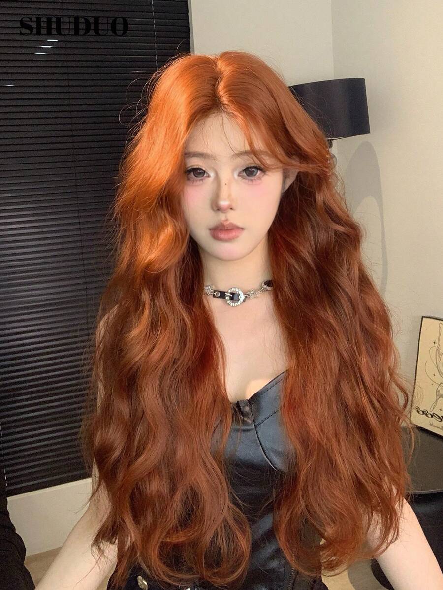 SHUDUO 1 额头形状蕾丝 4*1，额头蕾丝波浪假发，中分假发，脏橙色半编织日常自然，时尚浪漫逼真假发（不含配件）