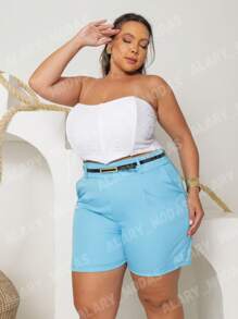 Plus Size Tailored Shorts With Elegant Belt Summer - Light Blue - View 2