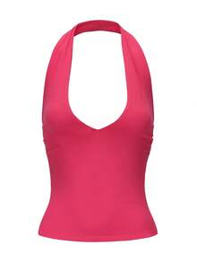 V Neck Plain Slit Crop Casual Ruched Halter Top - Hot Pink - View 2