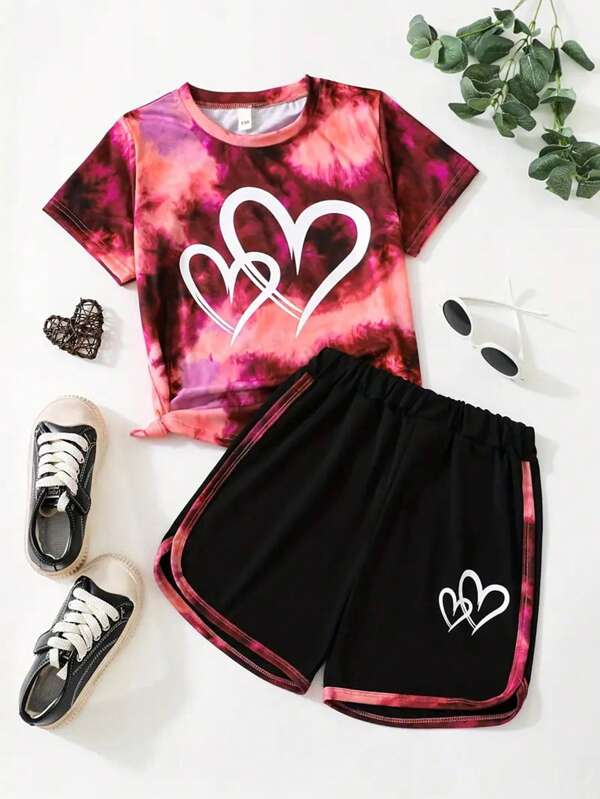 Young Girl 2pcs, Tie Dye Pattern Heart Print Short Sleeve T-Shirt + Shorts Set Outdoor