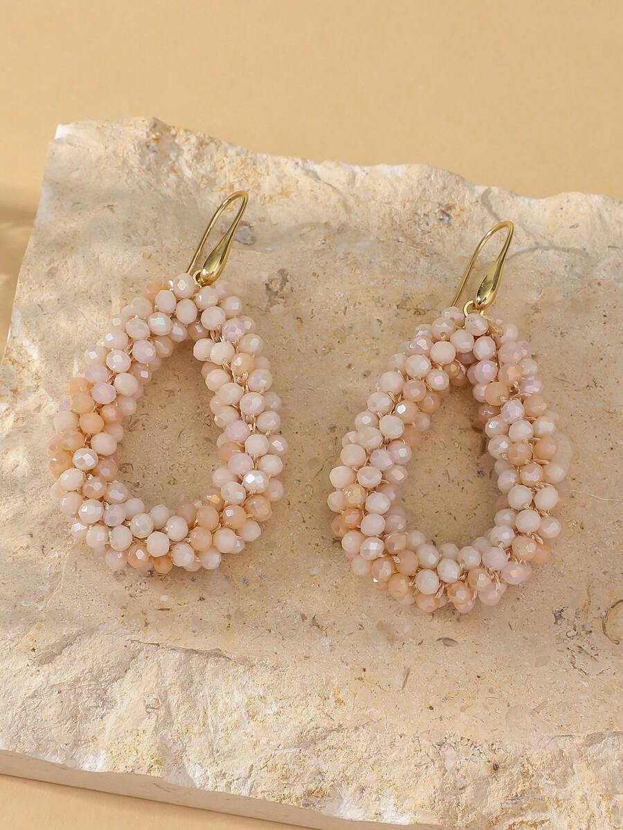 1 Paar handgefertigte, boho-stil Ohrringe mit simulierten Kristallen und Saatperlen, vintage elegante geometrische Wassertropfen Form Mode Ohrringe, geeignet für Feiertage, Hochzeiten, Festivals, Freunde & LiebesPaar Geschenke, Damen Alltag, Urlaub, Party-Outfit (Handarbeit Samenperle Farbe & Position zufällig) - Pink - Übersicht 1