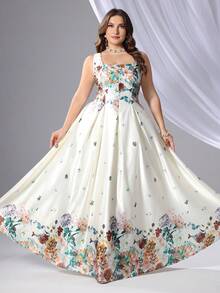 Plus Size Floral Print Bridesmaid Dress, Featuring Spaghetti Strap Design, Perfect For Party Wear Wedding Vacation Spring - Apricot - View 7