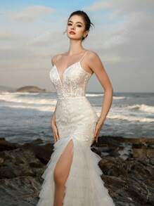 Vestido de novia de sirena con aplicaciones de encaje, escote pronunciado en V y patchwork, vestido de cóctel elegante para la novia