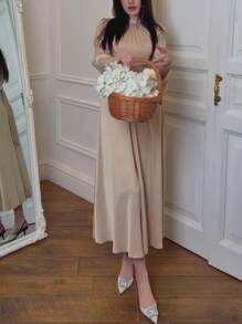 上衣春季新款修腰纯色长袖连衣裙配腰带女士优雅连衣裙优雅缎面复古连衣裙