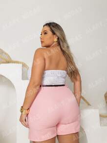 Plus Size Tailored Shorts With Elegant Belt Summer - 淡粉紅色 - 查看 6