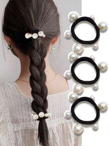 3Pcs/5Pcs/6Pcs Faux Pearl Decor Hair Tie, Hair Bobbles, Hair Band, Hair Accessories Scrunchies, Multifunctional Hair Styling Tools, Elegant Elastic Rubber Band, Elastic Hair Bands For Women, Suitable For Bun & Ponytail, Won't Damage Hair, Reusable, For Daily Wear, Casual, Party, Work, School, Dating, Travel, Gifts For Mom, Friends, Couples, Classmates