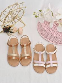 1 双女童时尚简约拼色 T 型带平底凉鞋，适合夏季度假、海滩、日常穿着 - 粉色 - 查看 6