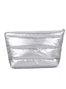 1 pièce Portefeuille Pochette Minimaliste Couleur Unie Argent, Sac de Rangement Matelassé à Fermeture Éclair pour le Shopping et les Voyages pour Femmes