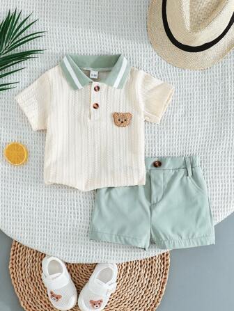 2 יח'\סט חולצת פולו רקמת דוב חמוד לתינוקות/פעוטות עם צווארון ומכנסיים קצרים נוחים, בסגנון בריטי קלאסי
