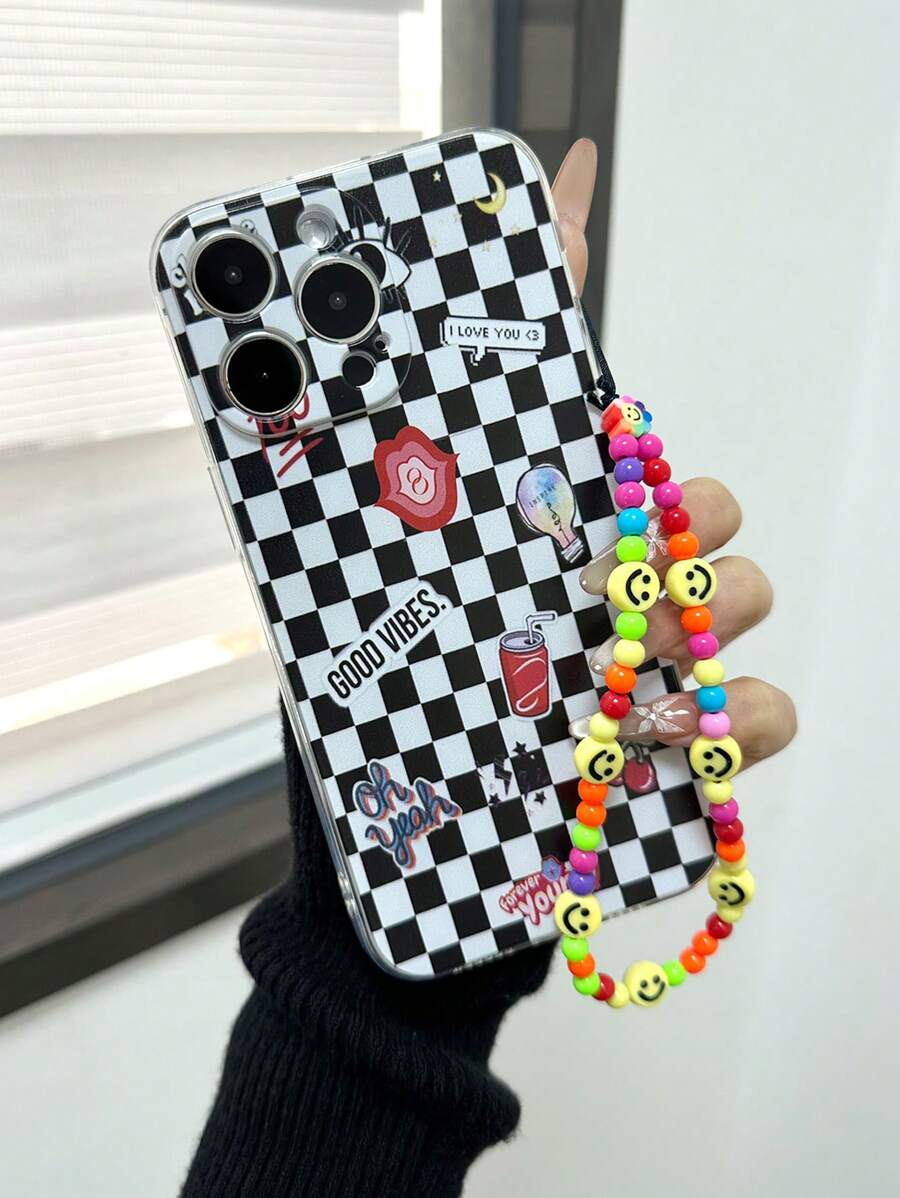 透明镂空笑脸网格唇彩图案防震手机壳，带腕带，兼容 XR/7/8、 15 Pro Max、 13、 14、 11；软 TPU 边框手机壳，兼容 Galaxy S25、S25 Plus、S25 Ultra、A16 4G、A36、A56、A26、S24、S24+、S24 Ultra、S22、A13 4G、A52、A52s 5G、Redmi Note 11、11 Lite，国际版，非国内版 - 彩色 - 查看 1