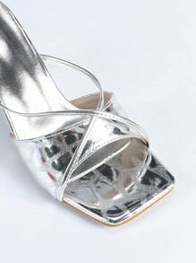 Sandales à talons hauts argentées, design carré à la mode avec talon en cristal, sandales mignonnes et élégantes, nouvelles mules à talons hauts pour l'été - Argent - Voir 7