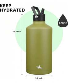 Gallon Insulated Water Bottle With Straw,128 Oz 3 Lids Water Jug With Carrying Bag,Paracord Handle, Double Wall Vacuum Stainless Steel Metal Flask,Forest Green