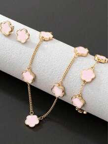 Set de 4 piezas con collar, pulsera y aretes con diseño de flores, collar versátil de la suerte - Multicolor - Ver 12