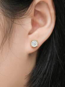 1 Pair Of Luxurious Retro S925 Sterling Silver Hip-Hop Men'S Earrings With Synthetic Zirconia Micro Inlaid 14k Gold Plated Round Earrings Suitable For Daily Party Wear