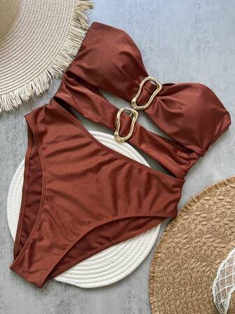 Solid Color One-Piece Swimsuit, Asymmetrical Metal Accessory European & American Style Women Bikini