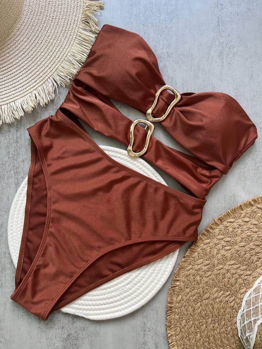Einteiliger Badeanzug Einfarbig, asymmetrisches Metall-Accessoire, Europäischer & Amerikanischer Stil Frauen Bikini - Braun - Übersicht 1