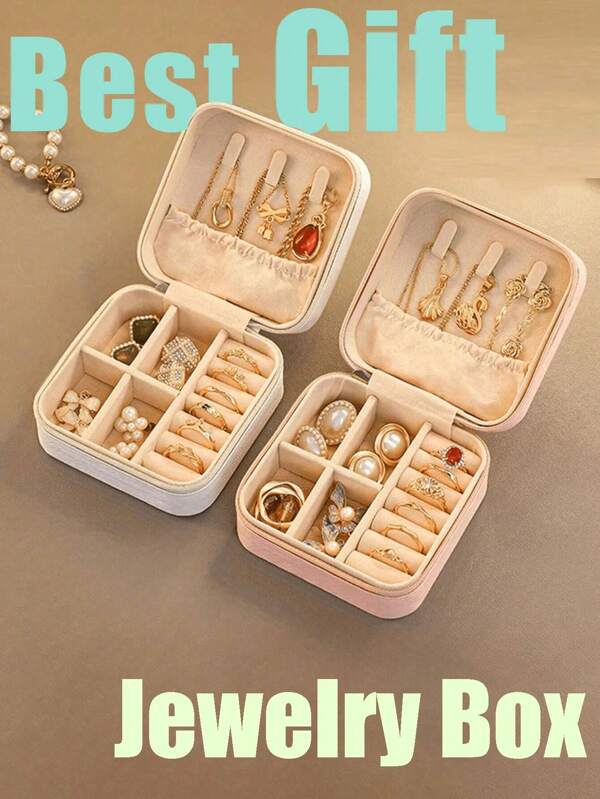 1 pieza Joyero pequeño PU, estuche de exhibición de joyas mini portátil y compacto con doble capa, delicado y compacto, apto para aretes, anillos, collares, pulseras, arte de uñas, regalo del Día de la Madre, organizador de regalos para mujeres, caja de almacenamiento, regalos de viaje, regalos de vuelta a la escuela