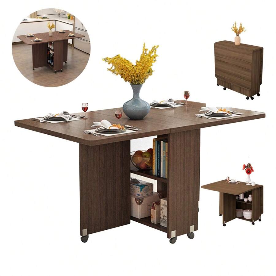 Mesa de madera plegable, mesa de comedor con estante de almacenamiento, ahorro de espacio, mesa de comedor móvil con ruedas, mesa de madera rectangular con tapa abatible (color café) es un regalo perfecto para el Día de Muertos, Halloween, Acción de Gracias y Navidad - Marrón - Ver 1