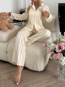 Nina Bonheur 两件套女士宽松舒适透气条纹长袖上衣和裤子家居服套装，舒适保暖，秋冬服装 - 黃色 - 查看 6