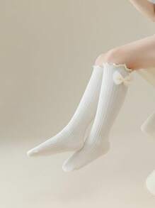 1 Pair Children's Solid Color Bow & Ruffle Trim Mid-Calf Socks, Comfortable Breathable Fashion, Spring/Autumn - Multicolor - View 6