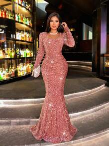 CHOSMO 新款秋季亮片长袖橙色舞会礼服，魅力优雅修身高腰晚礼服，女士长款连衣裙，正式长款连衣裙，长袖连衣裙，适合婚礼、春季派对等场合。 - 藕粉色 - 查看 4