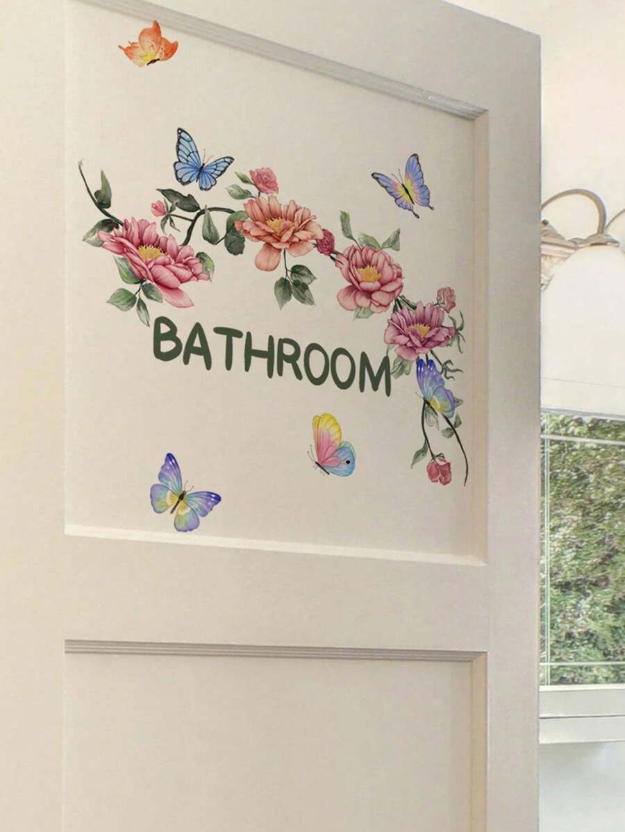 Floral English Bathroom Wall Sticker, Decorative Door Wall Poster For Bathroom, Living Room, Bedroom, Self-Adhesive Wall Decal Gifts Birthday Graduation Room Decor Home Decor Wall Decor Bathroom Decor Bedroom Decor Room Decoration Stuff Living Room Decor House Decor Home Decor Living Room Wall Art Wall Paper Stickers Personalised Stickers