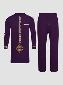 2 peças/Conjunto Camisa de Manga Longa com Gola Careca e Estampa Dashiki Roxa e Calça com Cintura Elástica, Conjunto Casual, Estilo de Rua, Adequado para Festa, Encontro, Casamento, Novidade