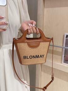 1pc Brown PU Bucket Bag, Premium Letter Embroidery Shoulder & Crossbody Bag, Fashionable Pastoral Style Handbag - Brown - View 2