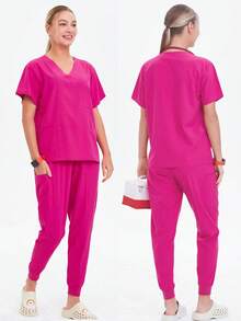 1 Set Women's V-Neck Elastic Work Uniform Suit, Top & Jogger Pants, Soft & Comfortable For Dental Clinic, Nurses, All Seasons Scrub Set - Hot Pink - View 2