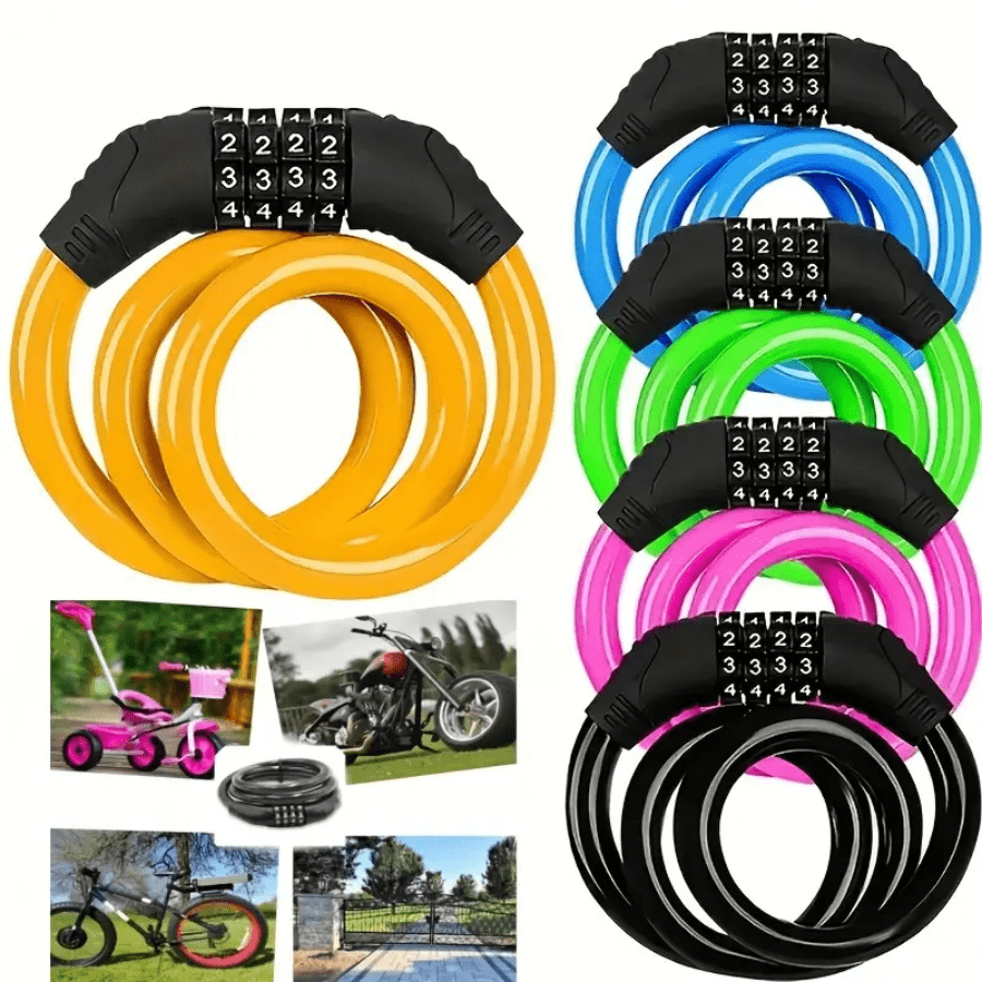 Cadeado de cabo de aço reconfigurável de 4 dígitos para bicicletas e scooters - Segurança antirroubo, construção durável em PVC/ferro, design de combinação segura de 3 dígitos para bicicletas de montanha, estrada e elétricas, travas de motocicleta | Cores de travas | Cadeado de bicicleta de construção durável em ferro