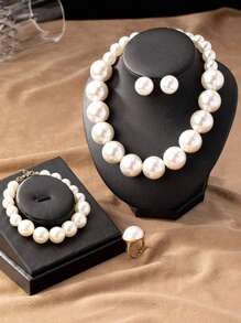 5pcs Ladies' Jewelry Set,1pc Geometric Style Fashionable Faux Pearl Necklace, 1pair Faux Pearl Stud Earrings, 1pc Faux Pearl Bracelet, 1pc Faux Pearl Ring