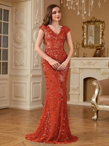 hezixi Đầm dạ hội sang trọng đính sequin lấp lánh, kiểu đuôi cá dài, đầm dự tiệc cưới, cocktail cao cấp, phù hợp cho khách mời dự đám cưới. - Màu Cam cháy - Xem 10