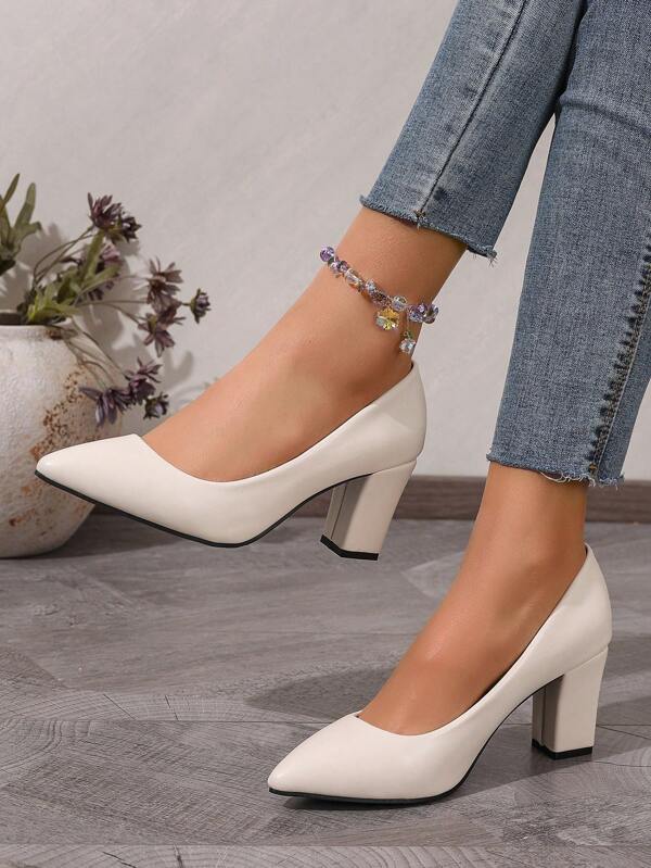 Fall/Winter 2025 Women's Ivory Versatile Pointed Toe Chunky Heel Pumps,Elegant