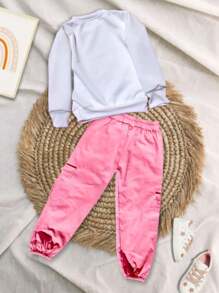 Conjunto Capybara Sudadera Ligera  con Brillos  + Pantalón Cargo con Bolsillos Para Niñas - Rosa - Ver 4