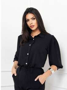 Women's Shirt Blouse 3/4 Sleeve With Button Dune Fabric - Negro - Ver 2