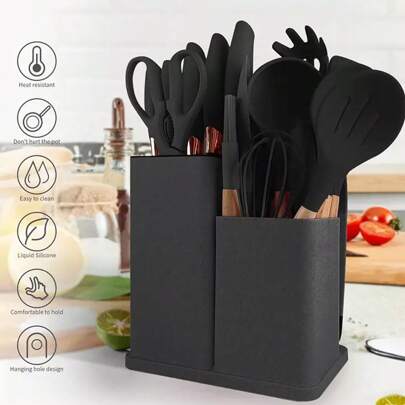 19pcs Kitchen Utensil Set Silicone Cooking Utensils Heat Resistance Cooking Tools With Chopping Board, Stirrer, Spatula, Soup Spoon And Oil Brush, Etc