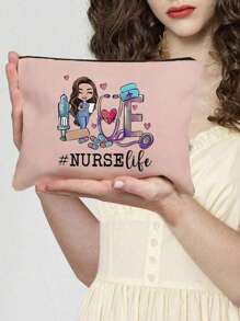 多功能帆布拉链药包，带彩色医疗印花，护士主题化妆包 - 轻质无味涤纶旅行洗漱包