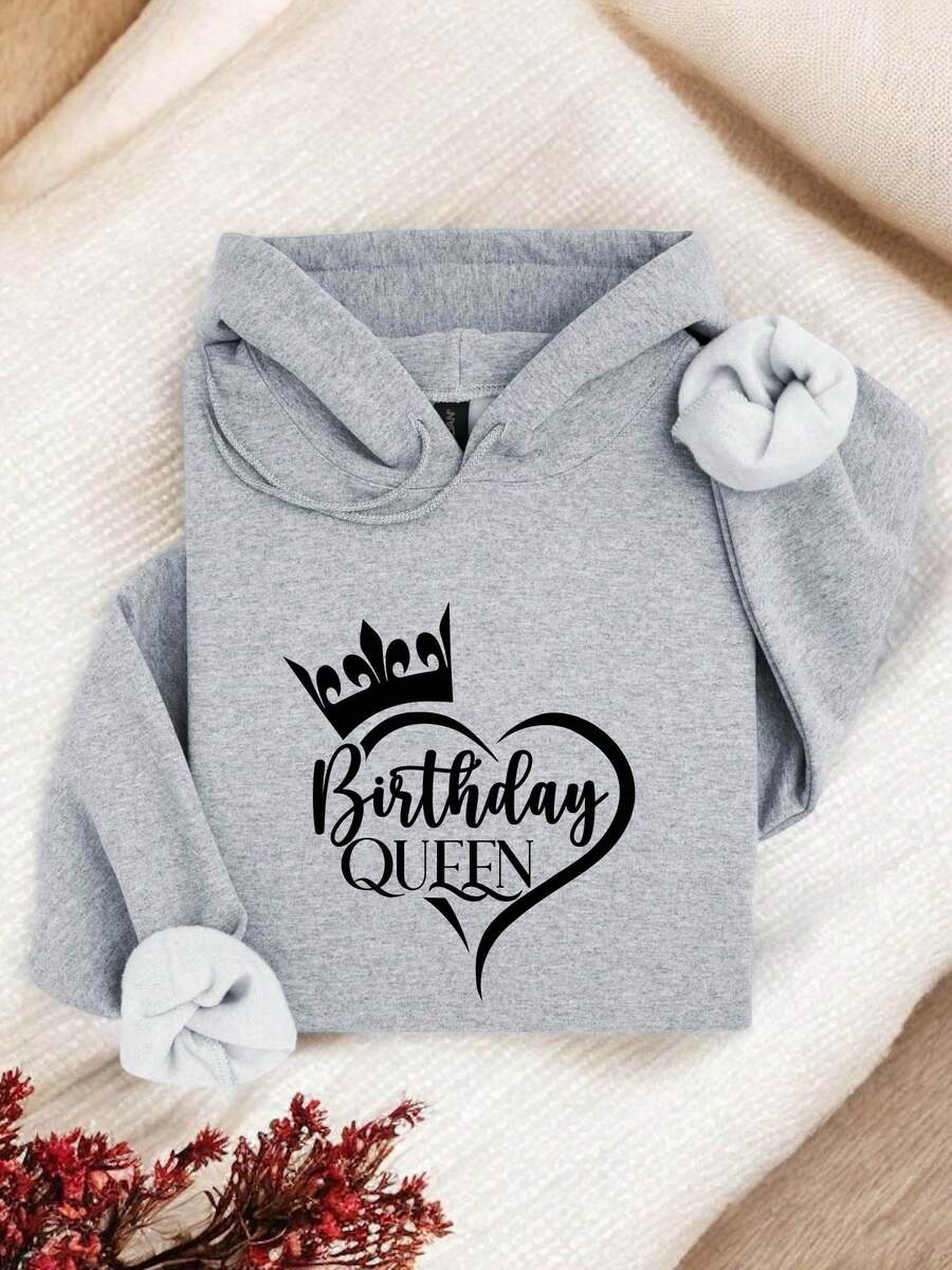 Birthday Queen Hoodie, Birthday Party Hoodie, Heart And Crown Hoodie, Birthday Gift For Your Girl, Birthday Vibes Hoodie, Queen Hoodie TT604 - 灰色 - 查看 1