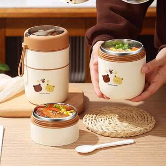 1 pieza Fiambrera térmica al vacío de acero inoxidable portátil con 2 compartimentos de 500ml y 680ml, calentador de alimentos aislado, taza aislada para sopa, fiambrera Bento con cuchara plegable (el color de la tapa se enviará al azar), útiles escolares