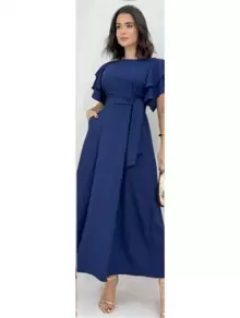 Duna Women's Long Midi Dress In Linen With Ruffle Sleeves And Belt - Navy Blue - View 1