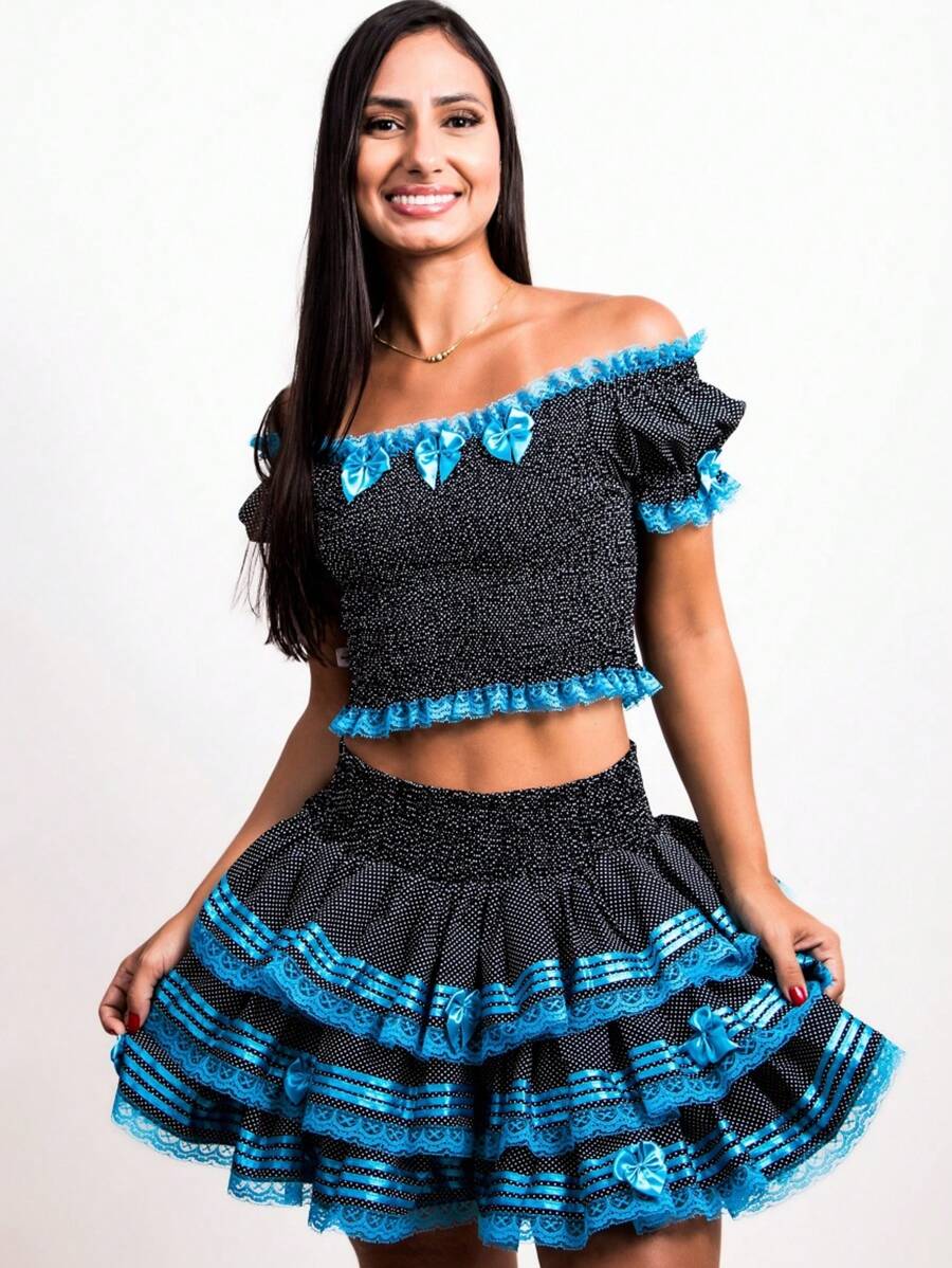 Conjunto Caipira Poá Saia e Blusa São João Festa Junina Arraía Bolinhas - Azul - Visão 1